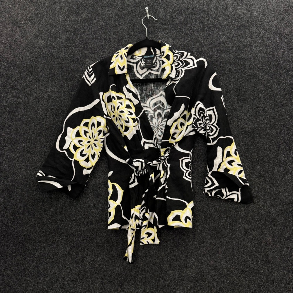Yarns & Stitches Womens Y2K Linen Wrap Top Black Yellow Floral Mandala Size M